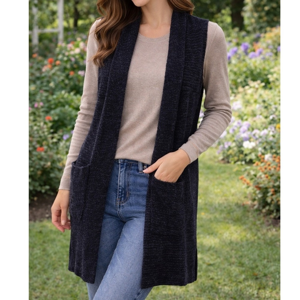 L Black Long Vest Sleeveless Duster Cardigan Pockets Textured Lagenlook Layered